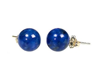 10mm Natural Afghani Lapis Lazuli Ball Stud Post Earrings, Solid 14K White or Yellow Gold, Bold Large Silver Earrings, Blue Lapis Earrings