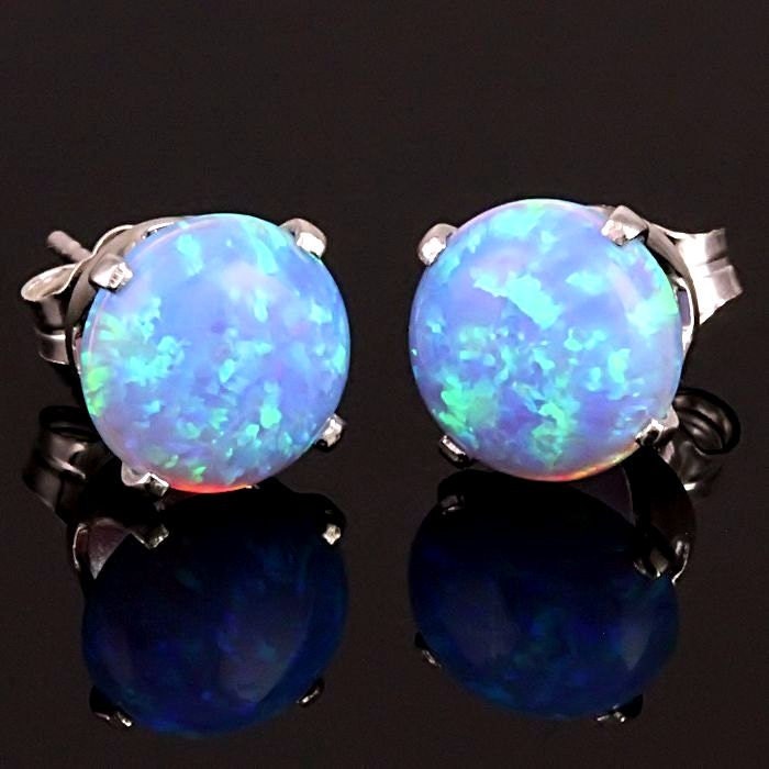 8mm Australian Azure Blue Opal Crown Set Stud Post Earrings | Etsy