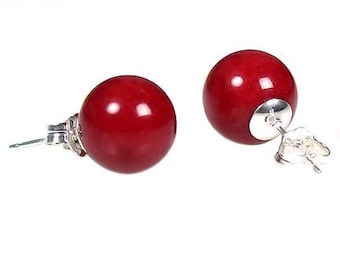 10mm Italian Red Coral Ball Stud Post Earrings 925 Sterling Silver, Natural Italian Red Coral