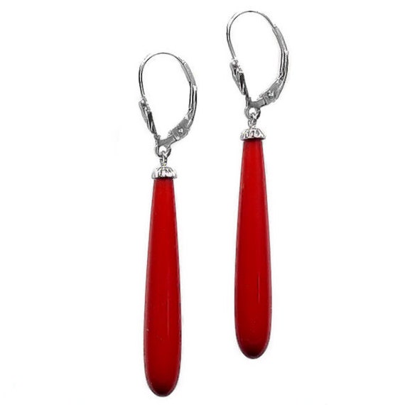 16mm Italian Sardinia Red Coral Teardrop Leverback Earrings Solid 14K Yellow or White Gold