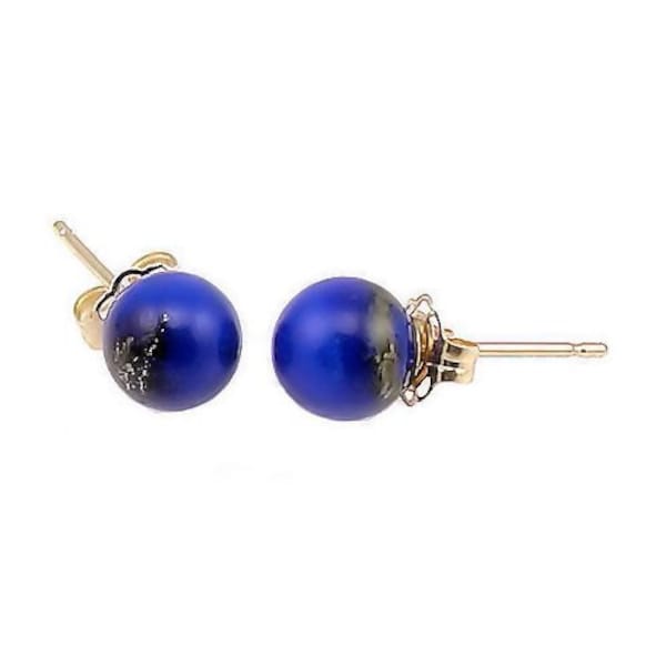 6mm Natural Lapis Lazuli Ball Stud Post Earrings, Solid 14K Yellow Gold, Bridesmaid Blue Lapis Lazuli earrings, Yellow Gold Lapis Earrings