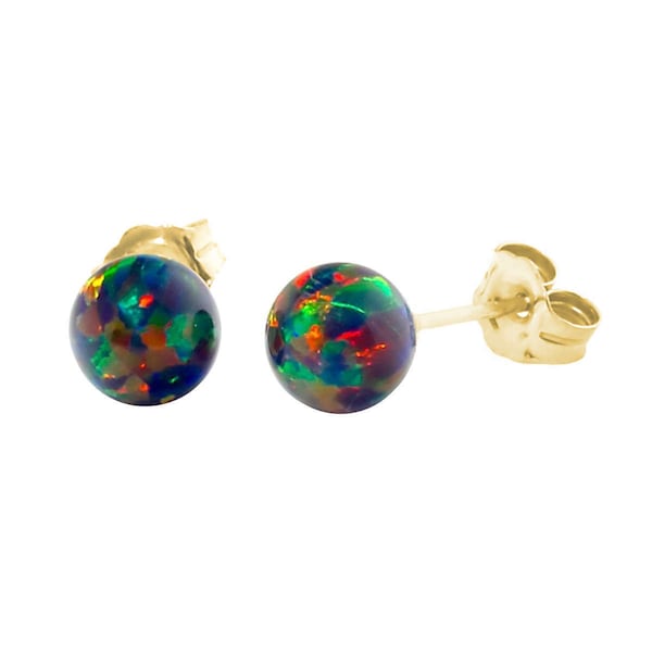 6mm Black Australian Opal Ball Stud Post Earrings Solid 14k White or Yellow Gold, Black Opal Earrings, Bridemaid Earrings, Australian Opal