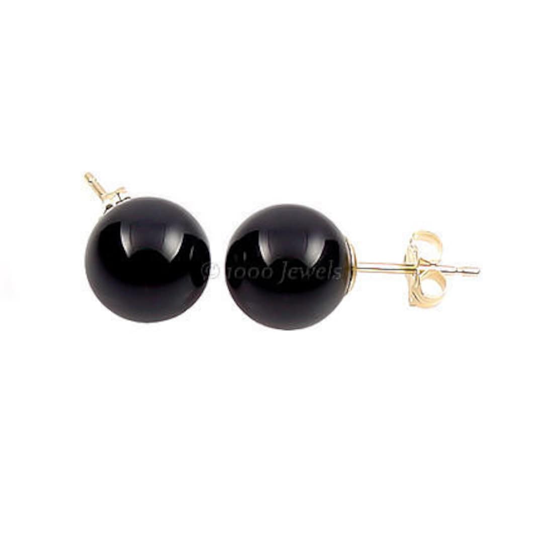 8mm Natural Black Onyx Ball Stud Post Earrings, Solid 14K Yellow Gold