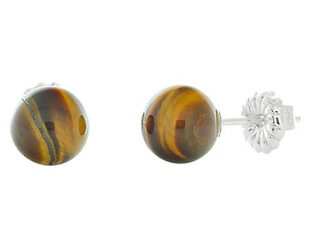 Natural Brown Tigers Eye Ball Stud Earrings, Solid 925 Sterling Silver, Gemstone Beads, Stud Earrings, 4 6 8 10 12 mm Sizes, Small Large Big