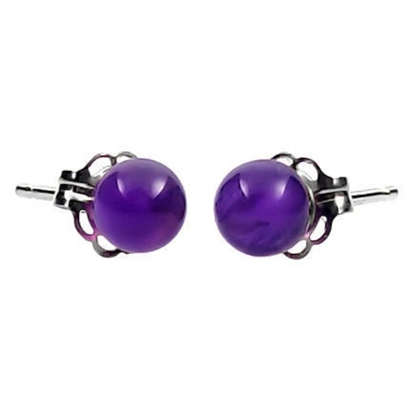 4mm Natural Brazilian Amethyst Ball Stud Earrings, Solid 925 Sterling Silver, Purple Color, Small Earrings, Minimalist, Petite, Deep Violet