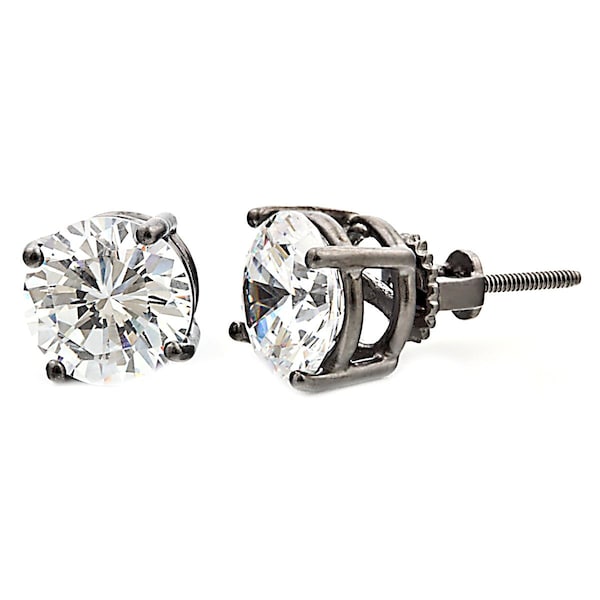 4.0ct 8mm Round Brilliant-cut Russian IOF Diamond CZ Black Rhodium Finish Screw Back Stud Earrings Solid 925 Sterling Silver, 30128-0991