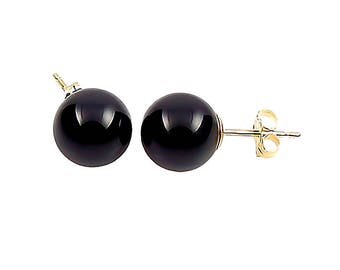 Yellow Gold Black Onyx Earrings, Ball Stud Earrings, 14K Yellow Gold Posts, Onyx Ball Studs, Black Onyx Studs, Black Earrings, Gold Earrings