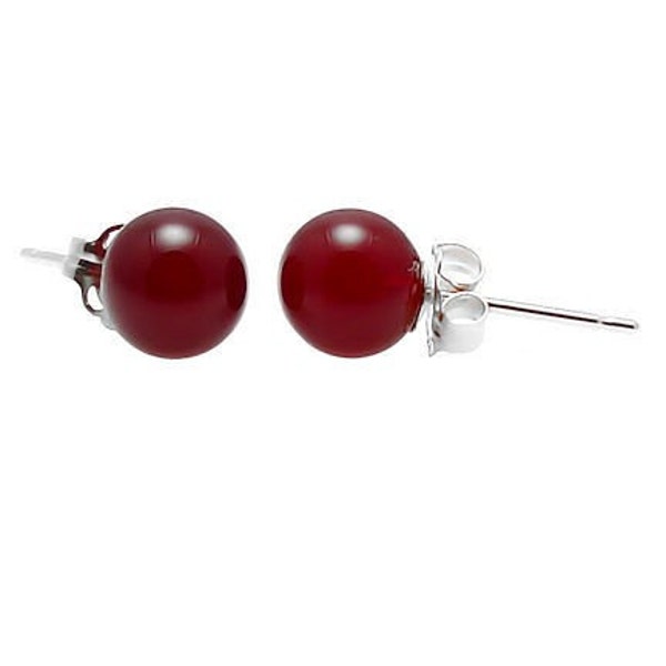 6mm Natural Red Carnelian Ball Stud Post Earrings, Solid 925 Sterling Silver, Simple Earrings, Bridal or Wedding Earrings, Red Stud Earrings