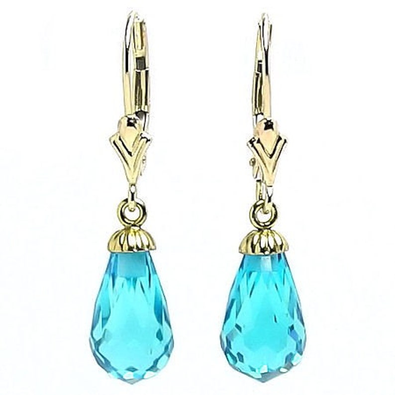 Stunning 7.0ct Blue Topaz Briolette Teardrop Lever back Earrings 14K White or Yellow Gold image 1