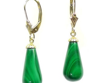 16mm Natural Green Malachite Teardrop Lever Back Earrings, 14-20 Gold Filled, Green Malachite Dangle Earrings, Gold Filled Lever Backs