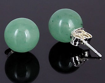 10mm Natural Green Jade Aventurine Ball Stud Post Earrings, Solid 925 Sterling Silver, Aventurine Earrings, Green Studs, Bridal Earrings