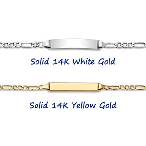 Custom Engravable Solid 14K Gold ID Bracelet, Personalize Front and Back, Popular Figaro Chain Bracelet, Small ID Plate, Youth & Adult Sizes