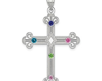 JewelryVolt 316L Stainless Steel Plain Solid Pendant Floral Fleur De Lis Cross with Clear CZ Accent