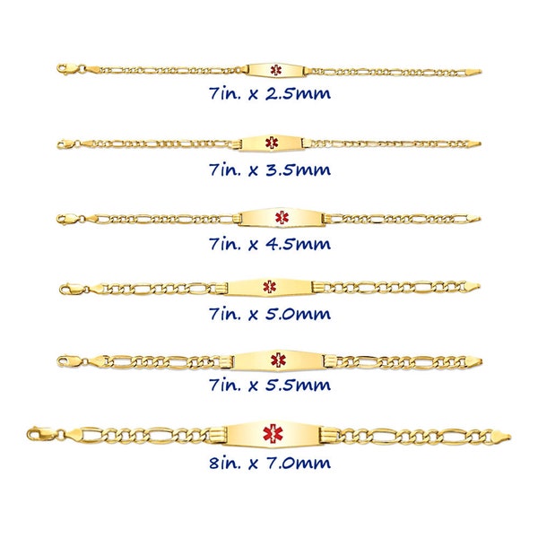 Engravable 14K Yellow Gold Medical ID Bracelet, Customized Figaro Chain ID Bracelet, Personalized Solid Gold Medical Bracelet, Made in USA