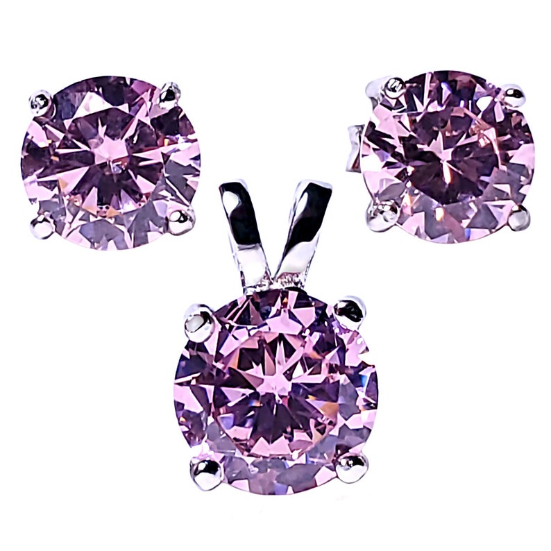 Rabbit-Ear Pendant Sterling Silver Jewelry Round Birth Month Earrings Brilliant Cut Birthstone Solitaire Pendant and Earring Set