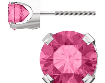 Round Brilliant Cut Simulated Pink Tourmaline 14K White Gold Screw Back Stud Earrings, October Birthstone Earrings, Tourmaline Earrings