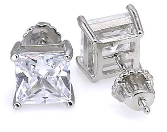 12.0ct 10mm Square Princess-cut Russian Ice on Fire Diamond CZ Screw Back Stud Earrings Solid 925 Sterling Silver, Large Statement Earrings