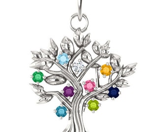 Your Family Tree of Life Pendant, Gift for Mom, Grandma, Mothers Day Gift, Family Birthstone Jewelry, 1 to 9 Birthstones, Solid 925 Silver