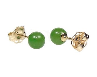 4mm Natural Nephrite Green Jade Ball Stud Post Earrings 14K Yellow Gold, Small Minimalist Earrings, Tiny, Petite, Second Hole