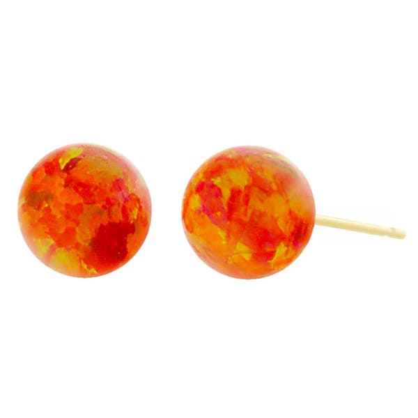Orlena: Mexican Fire Opal Ball Stud Earrings, Solid 14K Yellow Gold Opal Earrings, Orange Opal Bridal Earrings, 4mm, 6mm, 8mm and 10mm sizes