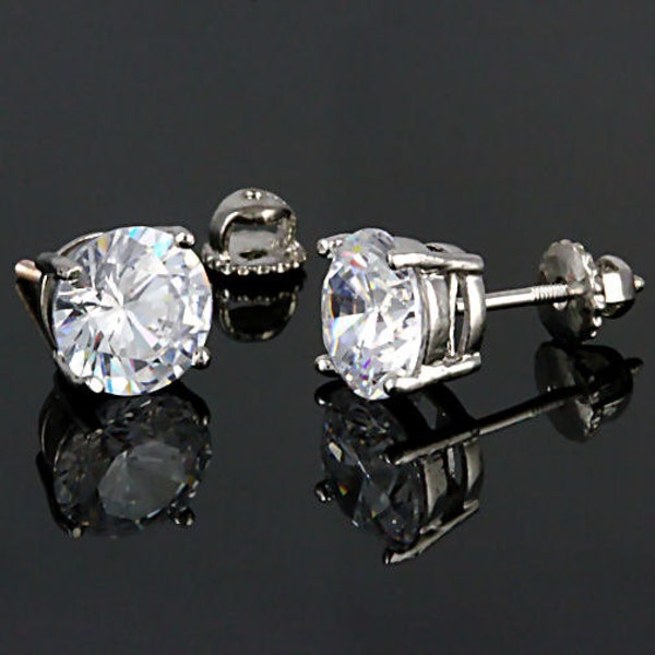 Large 9mm Round Brilliant-cut Russian Ice on Fire Diamond CZ Screw Back Stud Earrings, 5.8 carats, Solid 925 Sterling Silver, Large Earrings