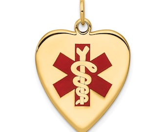 Engraved Gold Medical ID Heart Pendant, 14K Yellow Gold Medical ID Heart Pendant, 14K White Gold Custom Engraved Medical Pendant