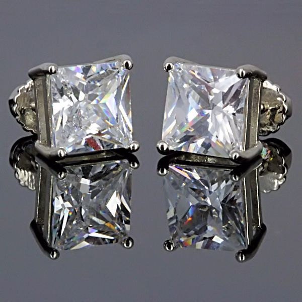 3mm to 10mm Princess-cut Russian Ice on Fire Diamond CZ Screw Back Stud Earrings, Solid 925 Sterling Silver, Small, Mid-size, Large, Popular