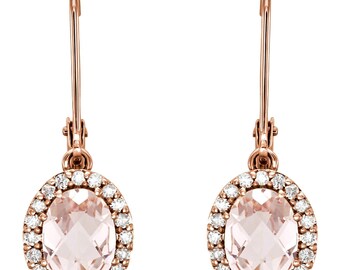 Natural Morganite and Diamond Halo Lever Back Earrings, 1.92 cttw, Solid 14K Rose Gold, Morganite Earrings, Diamond Earrings, Diamond Halo