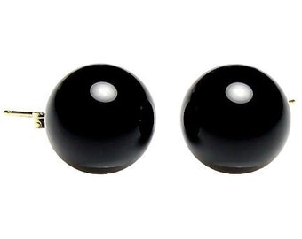12mm Natural Jet Black Onyx Ball Stud Post Earrings, Solid 14K Yellow Gold, Black Earrings, Statement Earrings, Bold Large Onyx Earrings