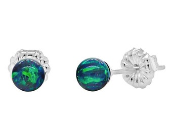 4mm Blue-Green Peacock Australian Opal Ball Stud Earrings, 925 Sterling Silver, Small Minimalist Earrings, Blue-Green Opal Earrings