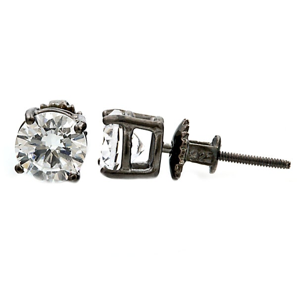 2.0ct 6.5mm Round Brilliant-cut Russian IOF Diamond CZ Black Rhodium Finish Screw Back Stud Earrings Solid 925 Sterling Silver, 30126-0989