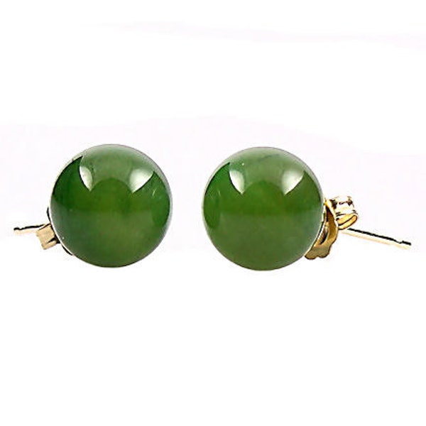 8mm Genuine Nephrite Jade Ball Stud Post Earrings, Solid 14K White or Yellow Gold, Rich Green Color, Pearl Cup Post, Natural Jade Earrings