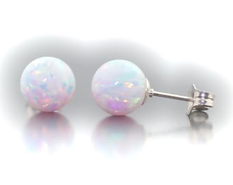 Lorraine: 8mm Fiery White Opal Ball Stud Earrings, Sterling Silver Earrings, White Opal Earrings, Bridesmaid Earrings, Opal Silver Earrings