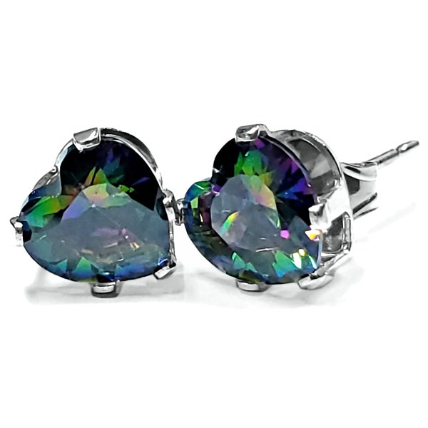 Heart Cut Mystic Rainbow Topaz Stud Silver Earrings, Multi Color Earrings, Snap-Tite Stud Earrings, Small Tiny Petite, Miminalist