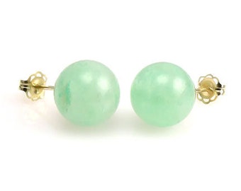 8mm Natural 'Green Jade' Aventurine Stud Earrings, 14K Yellow Gold Earrings, Ball Earrings, Green Earrings, Handmade, Green Gemstone, Round