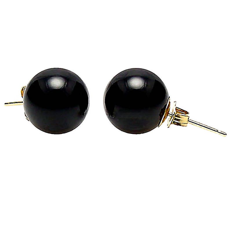Yellow Gold Black Onyx Earrings Ball Stud Earrings 14K Etsy