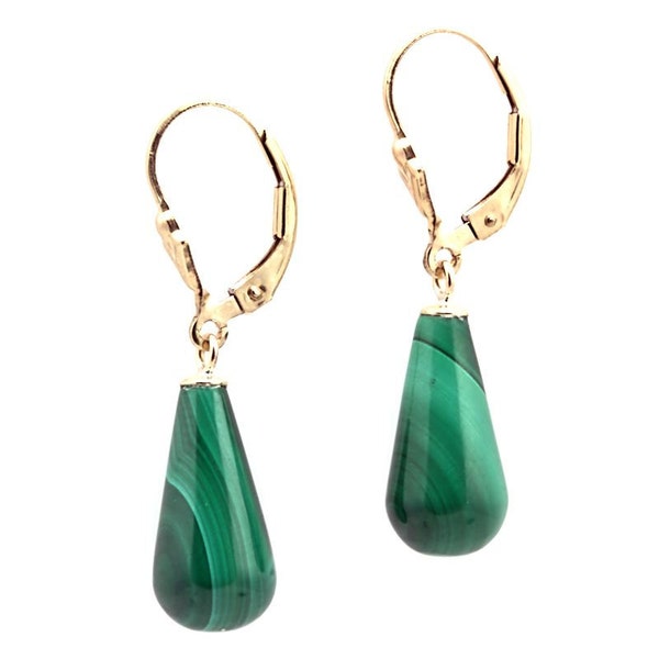 16mm Natural Green Malachite Teardrop Lever back Earrings, Solid 14K White or Yellow Gold, Green Malachite Dangle Earrings, Gold Lever Backs