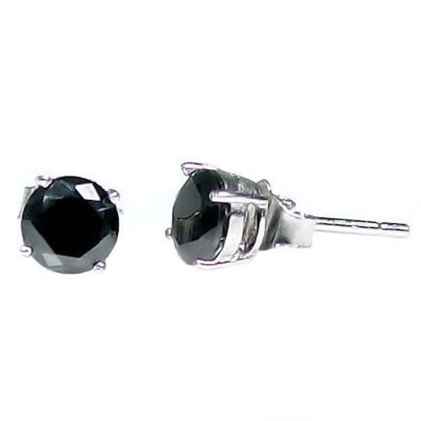 5mm Jet Black Russian Ice Diamond CZ, 1/2 carat each, 1.0ct tw, Cast Basket Set Stud Earrings, 925 Sterling Silver. Silver Jewelry, Mid Size