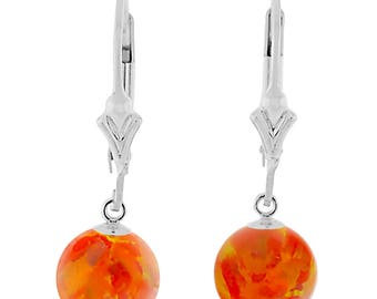 Mexican Fire Opal Ball Drop Leverback Earrings, Silver Leverback Earrings, Orange Opal, Dangle Earrings, Opal Jewelry, Silver Earrings