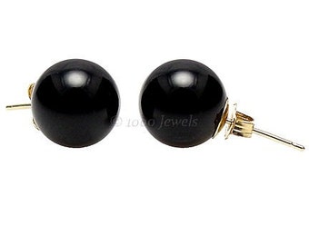 10mm Natural Jet Black Onyx Round Ball Stud Post Earrings, Solid 14K White or Yellow Gold, Black Gem Studs, Polished Black Onyx Earrings