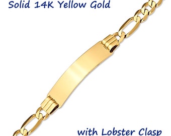 Personalized Solid 14K Yellow Gold ID Bracelet, Custom Made Flat Figaro Chain Bracelet, Youth Adult Length, Made in USA, Personal Engraving