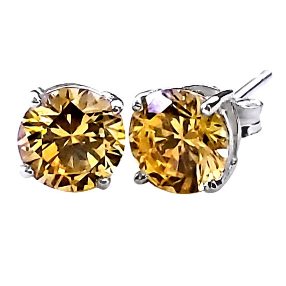 Solid 925 Sterling Silver 3mm Round Simulated Citrine Post Earrings