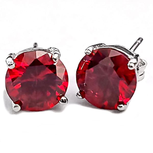 Round Simulated Garnet Ice CZ Silver Stud Earrings, January Earrings, Garnet Sterling Silver Cast Basket Earrings, Red Earrings, Small Tiny