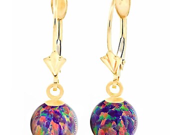 Royal Lavender Opal Ball Drop Leverback Earrings, Yellow Gold Leverback Earrings, Purple Opal Earrings, Dangle Earrings, Bridal Earrings