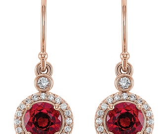 Solid 14K Gold 5mm Genuine Ruby and 1/6 ctw Natural White Diamond Drop Style Earrings, July Birthstone, French Shepherds Hook, Halo Earrings