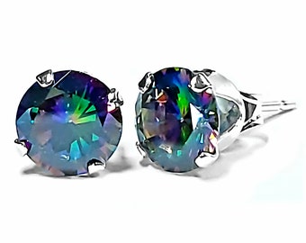 Popular Round, Brilliant Cut Mystic Rainbow Topaz Ice CZ Stud Earrings, Silver Earrings, Snap-Tite Stud Earrings, Mid-Sized Earrings