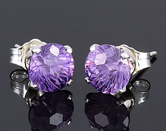 4.8ct Round Starfire Cut Brazilian Amethyst Crown Set Stud Earrings 925 Silver, 8mm