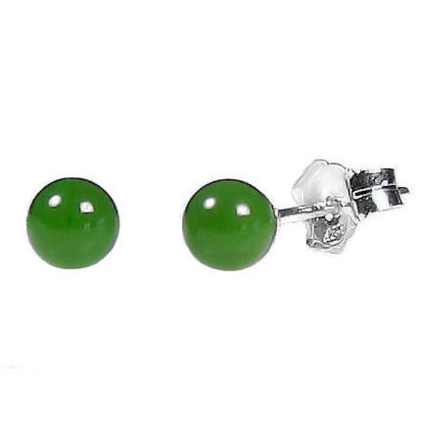 4mm Natural Nephrite Green Jade Ball Stud Post Earrings, 925 Sterling Silver, Small Minimalist Earrings, Small Earrings, Jade Earrings