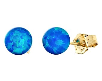 6mm Australian Pacific Blue Opal Ball Stud Post Earrings, Oceans, Solid 14K White or Yellow Gold, Wedding Earrings, Blue Opal Earrings