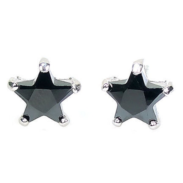 8mm Star Cut, Black Russian Ice on Fire CZ, Simulated Diamond, Cast Stud Earrings, 3.34 ctw, 925 Sterling Silver, Stars, Black Color Diamond